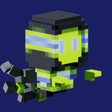 A voxel-style 3D pixel art character resembling a yellow/green armored figure, possibly a Metroid-inspired Samus-like sprite, set against a dark blue background.