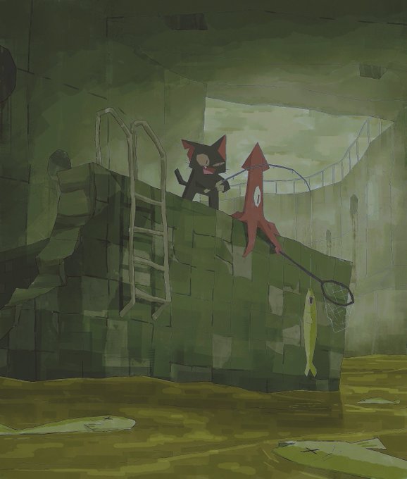 A digital illustration of a black cat and a red squid character standing on a green stone wall near a body of water, holding a net with a yellow fish, with a ladder beside them.