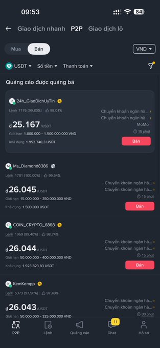 A mobile app screen displaying P2P cryptocurrency trading ads for USDT in Vietnamese Dong, showing sellers like 24h_GiaoDichUyTin and Ms._Diamond0386 with buy buttons.