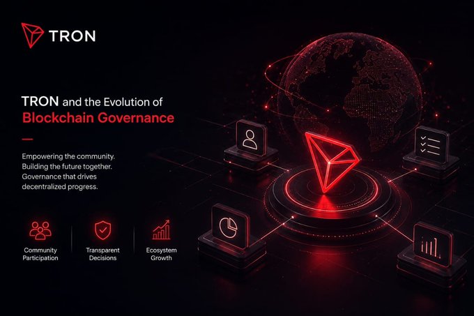 Promotional graphic for 'TRON and the Evolution of Blockchain Governance' with a red 3D TRON logo, globe, and icons for Community Participation, Transparent Decisions, and Ecosystem Growth on a dark background.