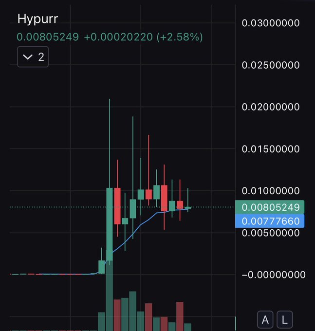A cryptocurrency trading chart displays the token "Hypurr" trading at 0.00805249 (+2.58%), with candlestick price action and volume bars on a dark background.