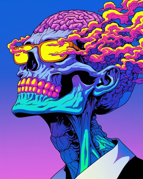 A vibrant, psychedelic digital illustration of a blue skull with an exposed brain wearing yellow sunglasses, set against a pink and blue gradient background.