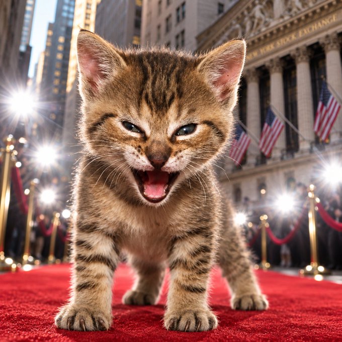 AI-generated image of a cute tabby kitten with its mouth open standing on a red carpet at what appears to be the New York Stock Exchange, with American flags and stanchions in the background.