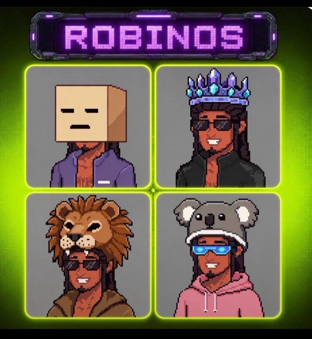 A pixel art graphic titled 'ROBINOS' displaying four characters in a grid: a block-headed figure, a character with a blue crystal crown, a person in a lion mane hat, and a person in a koala hat.