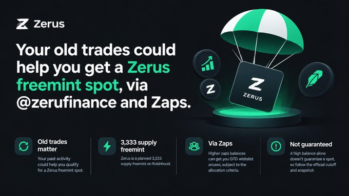A promotional graphic for 'Zerus' stating 'Your old trades could help you get a Zerus freemint spot, via @zerufinance and Zaps,' featuring details about old trades, 3,333 supply freemint, via Zaps, and not guaranteed.