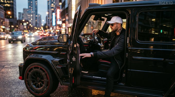 A man in a white cap and sunglasses sits in the driver's seat of a black SUV with the door open, parked on a city street at night.