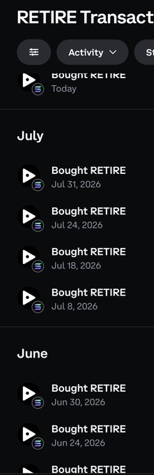 A mobile app transaction history screen titled 'RETIRE Transactions' showing multiple 'Bought RETIRE' entries dated throughout July and June 2026.