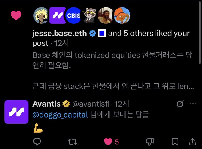 The image shows a social media interaction where jesse.base.eth (and 5 others) liked a post stating that tokenized equities' liquidity layer on Base is "definitely necessary" but isn't being built on-chain yet, while Avantis (@avantisfi) replied to @doggo_capital with a flexed-biceps emoji—suggesting Avantis is positioning itself to fulfill that missing perps-on-spot need on Base that Jesse endorsed.