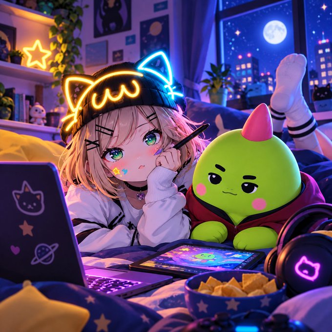An anime-style illustration shows a pink-haired girl wearing a glowing neon cat-ear headband sitting next to a small green character with a pink mohawk on a bed with a laptop.