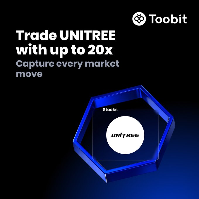 A dark promotional graphic from Toobit features a blue hexagonal display showing a "UNITREE" stock icon, with bold text reading "Trade UNITREE with up to 20x — Capture every market move," announcing the new UNITREEUSDT stock futures listing with up to 20x leverage.