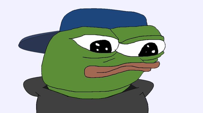 The image features a cartoon frog wearing a hat, which appears to be blue with a white "O" on top. The frog has a sad expression as if it's crying or upset about something. The background of the image is a light gray color that contrasts with the green body of the frog and the dark blue hat. There are no texts present in the image, but there is a caption below it which reads "if I just went max short every time I seriously considered quitting my job I probably could have comfortably done so by now".