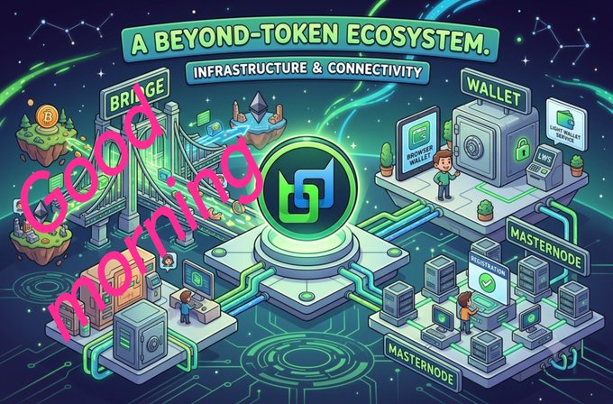 A digital illustration titled 'A BEYOND-TOKEN ECOSYSTEM' showing infrastructure components like Bridge, Wallet, and Masternode, with 'GOOD Morning!' overlaid in pink graffiti-style text.
