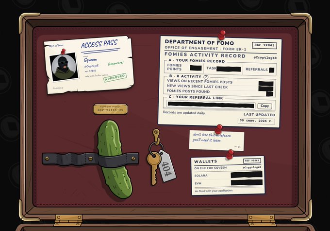 A digital bulletin board graphic from "DEPARTMENT OF FOMO" showing a FOMIES Activity Record form for user "cryptologs" with access pass, activity stats, wallets, and referral link information.