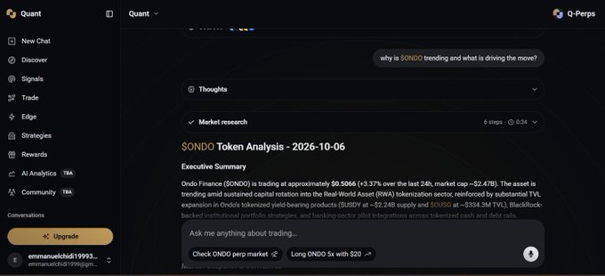 Screenshot of the Quant trading interface showing a market research query about $ONDO trending, with an executive summary stating Ondo Finance is trading at approximately $0.5066 (+3.37% over the last 24h, market cap ~$2.47B).