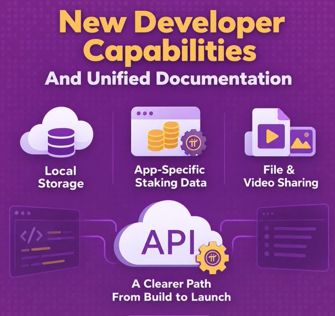 A purple promotional graphic announcing 'New Developer Capabilities And Unified Documentation,' featuring icons for Local Storage, App-Specific Staking Data, and File & Video Sharing, with a central API cloud graphic.
