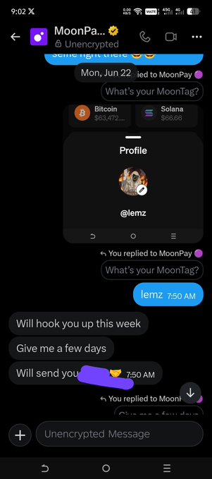 A smartphone screenshot of a Signal/encrypted messaging conversation with MoonPay, showing Bitcoin and Solana prices, the user's profile @lemz, and a message exchange about sending funds.