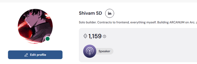Profile header for "Shivam SD" on what appears to be a speaker platform, showing bio text about being a solo builder working on ARCANUM, with 1,159 followers and a green online status indicator.