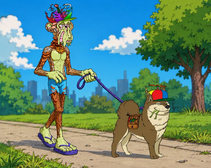 A colorful cartoon illustration depicts a decaying, tree-like humanoid walking a fluffy husky on a leash through a park, with the dog dressed in a propeller hat and vest with colorful pouches.