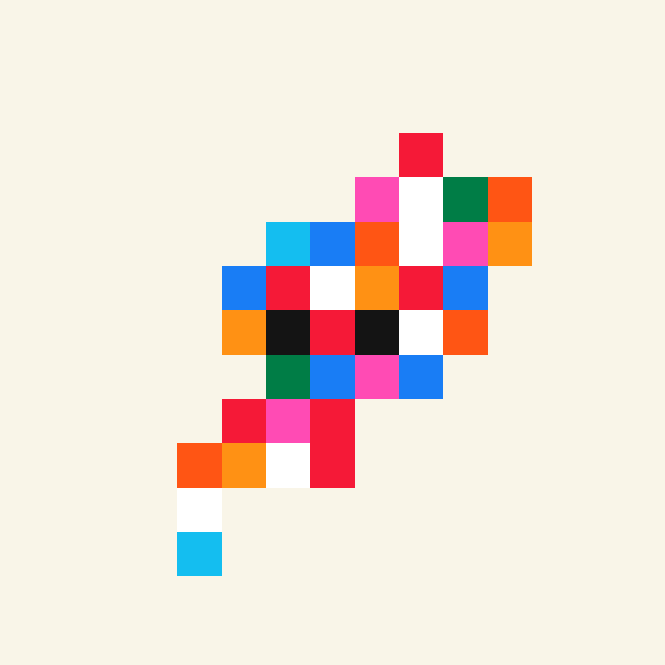 A pixel art rendering of a dinosaur (likely from a Jurassic Park theme) made of colorful red, blue, pink, orange, green, white, and black squares on a cream background.