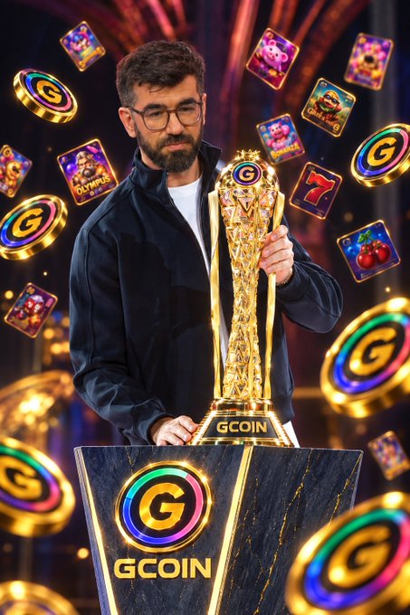 A bearded man with glasses stands behind a grand golden trophy inscribed with "GCOIN," surrounded by floating slot symbols and colorful "G" coins against a vibrant backdrop. The GCOIN branding and iGaming imagery reinforce the post's message about "The Future of Web3 iGaming," positioning Pi-Nicolas Sharker as a leader in community-owned gaming.