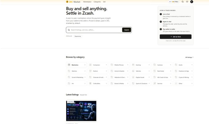 A screenshot of the Zcash marketplace website with the headline 'Buy and sell anything. Settle in Zcash.', a search bar, and categories for browsing listings.