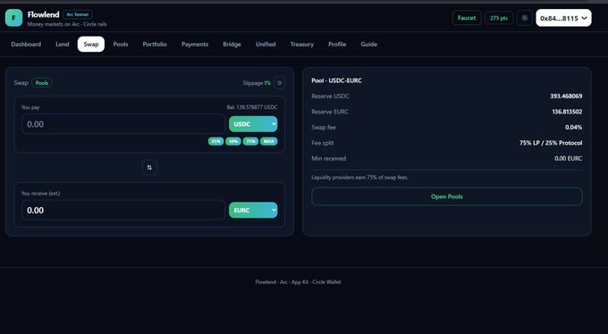 Screenshot of the Flowland decentralized exchange on the Arc blockchain, displaying a swap interface between USDC and EURC tokens with balances and pool statistics visible.