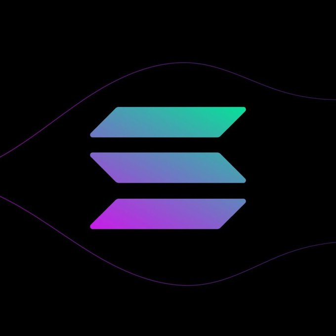 The image displays the Solana ($SOL) logo—three stacked parallelograms in a gradient of teal, blue, and purple, enclosed in an eye-shaped outline—set against a black background. This visual directly represents the cryptocurrency featured in the accompanying $SOL giveaway post by @FoxyHoodX.