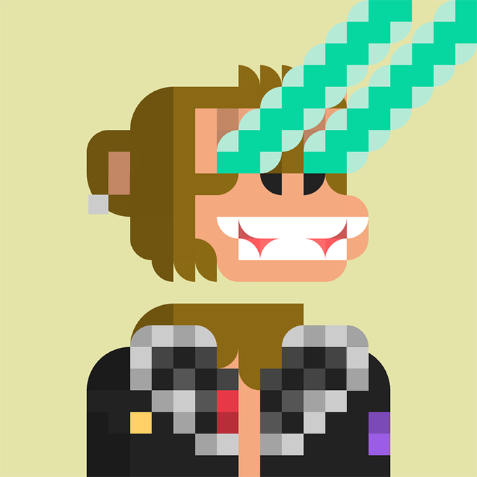 A pixel art illustration of a smiling character with brown hair and a checkered black and white outfit, exhaling two streams of green pixelated smoke or breath.