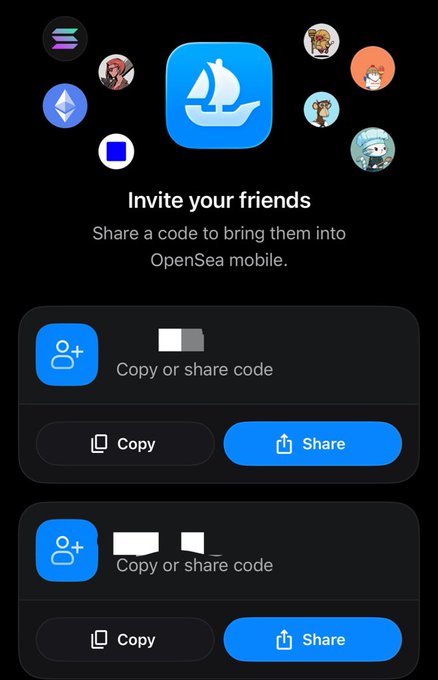 The image is a screenshot of an OpenSea mobile app referral page titled "Invite your friends," inviting users to share a code to bring others into the platform, with options to Copy or Share the code. The post's request aligns with the image's purpose, as the user offers their OpenSea referral code to anyone interested in joining.