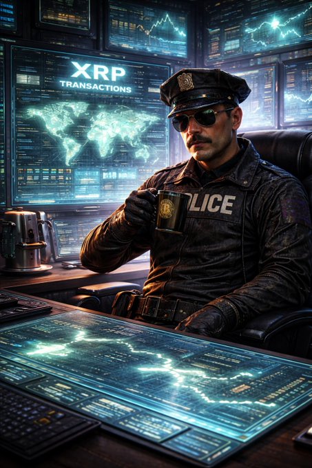 A digital illustration of a police officer in sunglasses holding a badge in front of multiple monitors displaying 'XRP TRANSACTIONS' and a glowing world map.