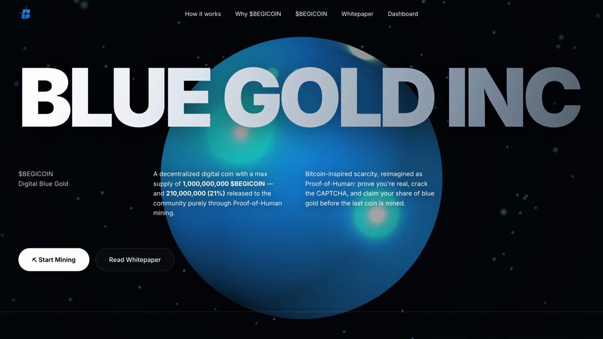 The image features a website for Blue Gold Inc., which is an online platform that allows users to mine Bitcoins. The website has a clean and modern design with a blue background, white text, and a small globe at the center of the page. The title "Blue Gold Inc." is prominently displayed in large white letters above the globe. Below this, there are smaller texts providing information about the company's services and how it operates.