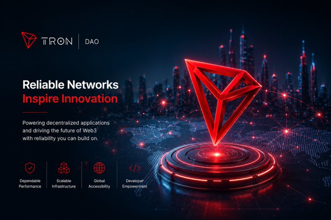 A second TRON DAO banner reading 'Reliable Networks Inspire Innovation - Powering decentralized applications and driving the future of Web3 with reliability you can build on,' highlighting Dependable Performance, Scalable Infrastructure, Global Accessibility, and Developer Empowerment.