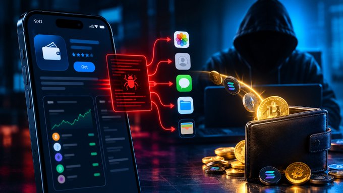 A digital illustration depicting cybersecurity and cryptocurrency theft, showing a smartphone app store interface with a bug icon, a hooded hacker figure, and a wallet spilling gold coins with Solana (SOL) and Bitcoin (BTC) tokens.