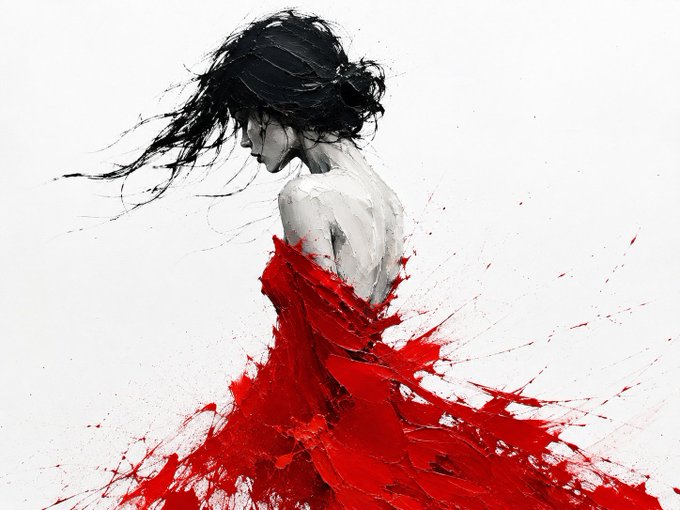 An artistic illustration of a woman in profile wearing a flowing red dress that splatters outward like paint, rendered in black, white, and red tones.