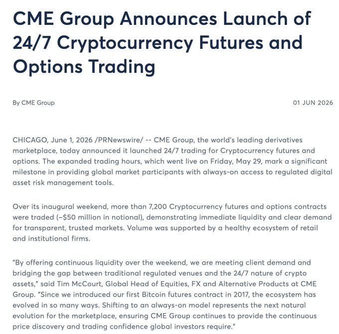 The image features a graphic advertisement for a group of people who are attending an event related to cryptocurrency trading, specifically focused on 24/7 trading hours. The advertisement highlights that CME Group has launched this new option trading platform for Bitcoin & crypto, giving users access to high leverage and quick trade execution times across various exchanges. This innovative solution can potentially enable traders to participate in the market during non-traditional business hours, opening up more opportunities and increasing participation in the cryptocurrency space.