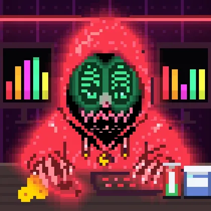 A pixel art image of a red-hooded figure with digital clock-style eyes showing '33:33', holding a piece of pizza in front of bar graph charts.