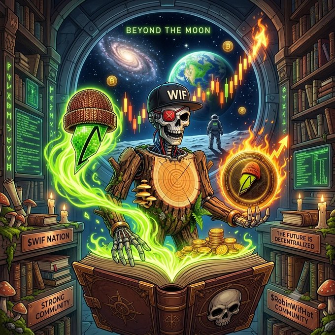A colorful crypto-themed digital artwork featuring a skeleton character wearing a "WIF" cap holding a glowing coin, with "BEYOND THE MOON" text and references to "$WIF NATION", "STRONG COMMUNITY", and "$RobinWifHat COMMUNITY".