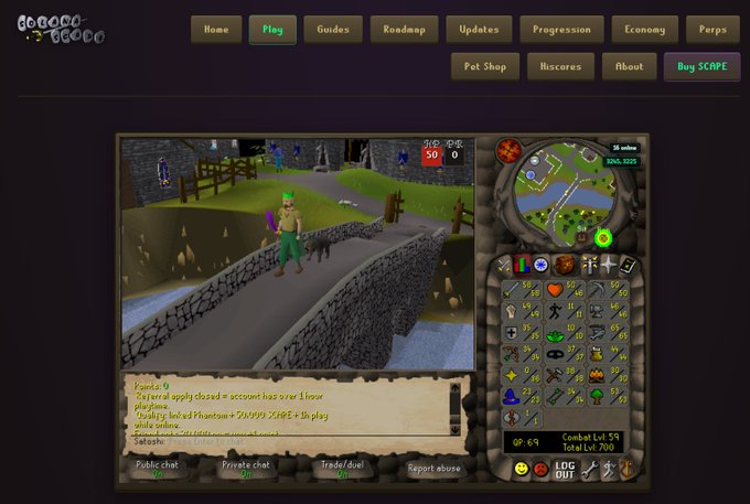 A screenshot of the Solscape website showcasing the on-chain RuneScape-style game, featuring a player character on a stone bridge with a level 50 PK counter, inventory, and a public chat log announcing "Q4 server transfer." The interface displays the $SCAPE token branding and includes a minimap of the classic 2004-era game world being played directly through the browser.
