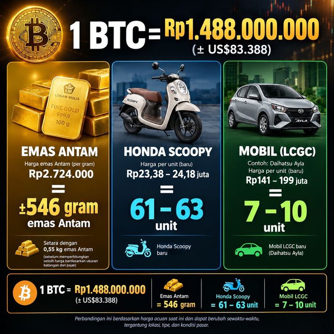 An Indonesian infographic comparing the value of 1 BTC (Rp1.488.000.000 / ±US$83.388) to gold, scooters, and cars, showing it equals ±546 grams of Antam gold, 61-63 new Honda Scoopy units, or 7-10 new Daihatsu Ayla LCGC cars.