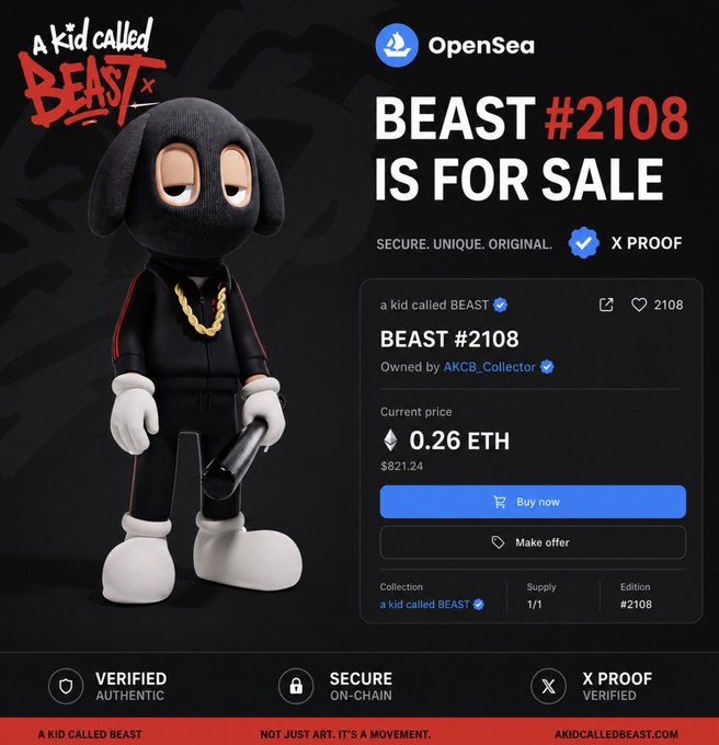 An OpenSea listing page for BEAST #2108 from the 'A kid called BEAST' NFT collection, priced at 0.26 ETH ($821.24) and verified as authentic.
