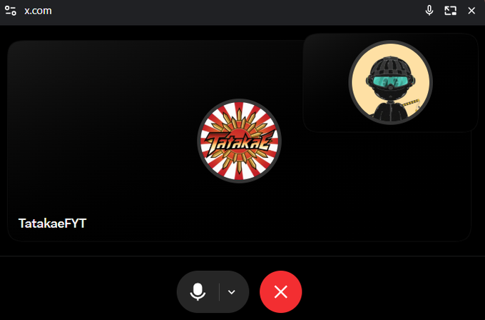 x.com video call interface showing the user 'TatakadeFYT' with a rising sun Japanese logo and a participant avatar wearing a helmet and blue visor.