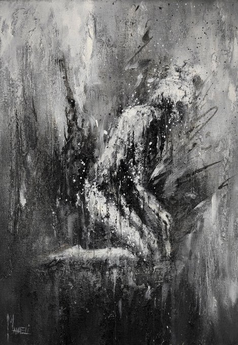A monochromatic black and white abstract painting featuring splattered, dripping, and textured brushstrokes, signed 'DWELL' in the bottom left corner.