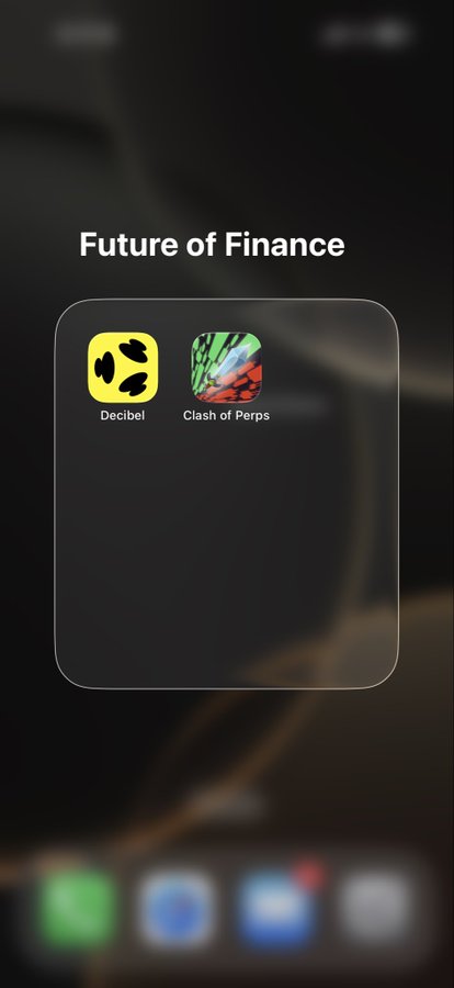 A smartphone screenshot titled 'Future of Finance' displaying a folder containing two app icons: 'Decibel' and 'Clash of Perps'.