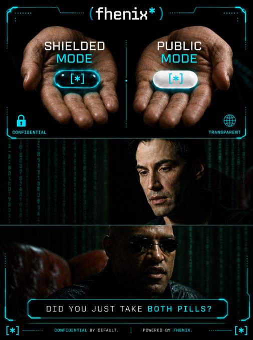 A promotional graphic for '(fhenix*)' featuring two hands holding pills labeled 'SHIELDED MODE [\*]' (CONFIDENTIAL) and 'PUBLIC MODE [\*]' (TRANSPARENT), with characters reminiscent of The Matrix and the text 'DID YOU JUST TAKE BOTH PILLS?' at the bottom.