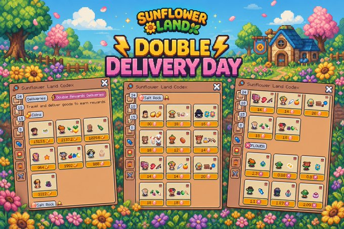 The image features a poster for a game called "Sunflower Land Delivery Day" with three different screens showing the game's rules, items available, and the current status of the game. The poster also includes a list of items that players can use in the game, such as coins, rock salt, and $FLOWER. The text on the poster is written in a cartoon style font, making it visually appealing and easy to read.