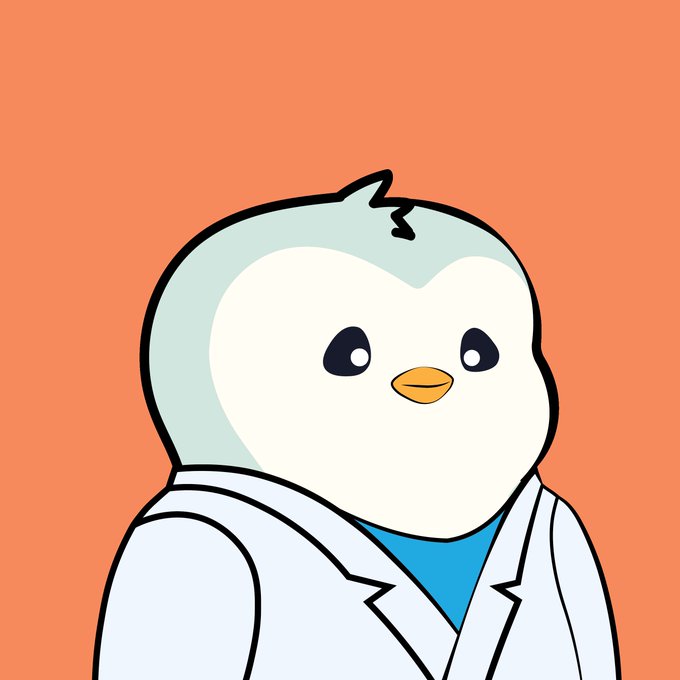 A cartoon illustration of a light blue and white penguin character wearing a light blue lab coat and a blue shirt against an orange background.