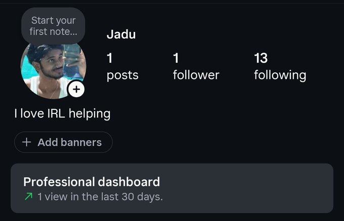 A social media profile for 'Jadu' showing 1 post, 1 follower, and 13 following, with the bio 'I love IRL helping.'