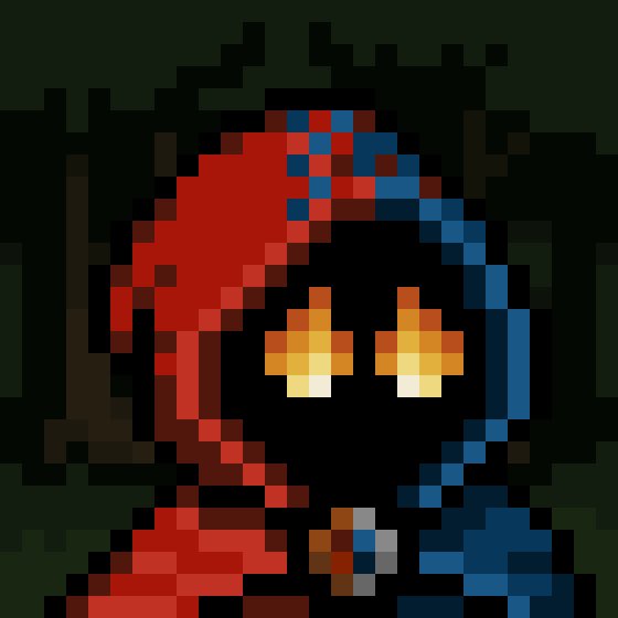 A pixel art portrait of a hooded figure with a black face and glowing orange eyes, wearing a red and blue hooded cloak against a dark green background.