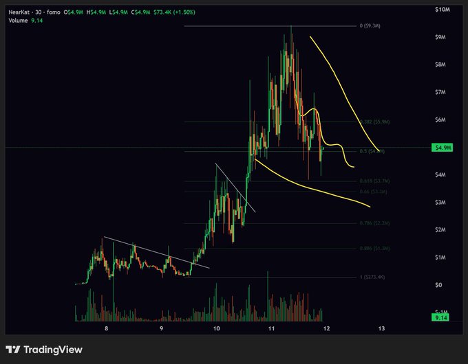 A 30-minute TradingView candlestick chart for $NEARKAT showing a parabolic price surge from ~$1M to a $10M high, followed by a sharp retracement to $4.9M, overlaid with Fibonacci retracement levels and curved trend lines illustrating the technical analysis being referenced in the post.
