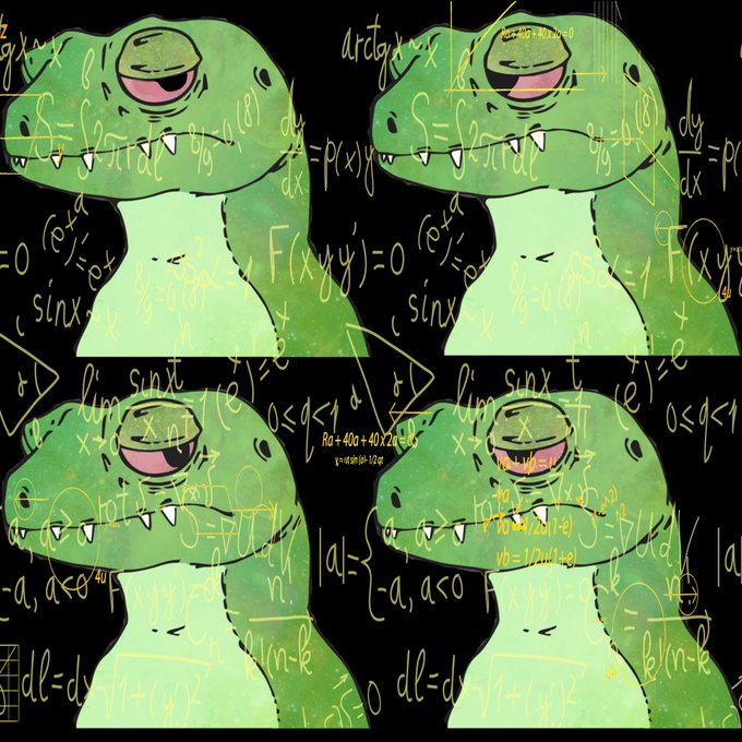 The image shows four identical green cartoon dinosaurs (Dilophosaurus-style) with mathematical equations and formulas (including integrals, limits, and trigonometric functions like "arctg," "sin x," and "F(x,y')=0") written in yellow across a black background, humorously symbolizing complex calculations being made to evaluate whether holding 94% of a crypto position counts as having "diamond hands."